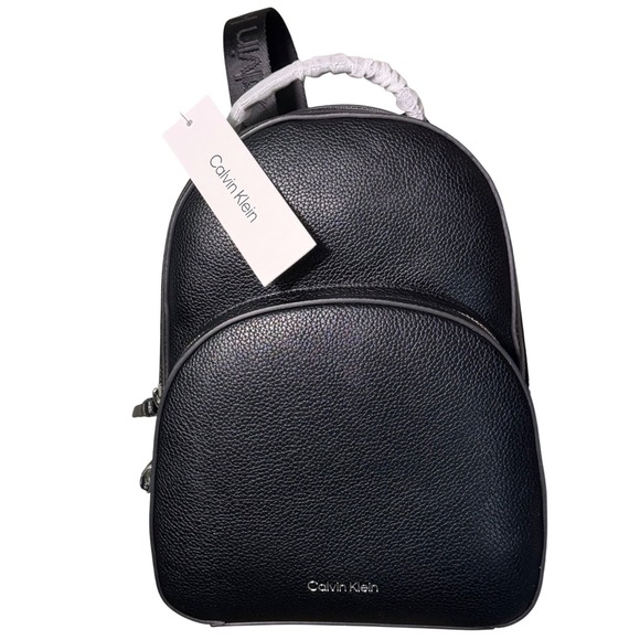 NWT Calvin Klein Estelle Novelty Backpack Black Pebbled Faux Leather Logo Straps main image 8
